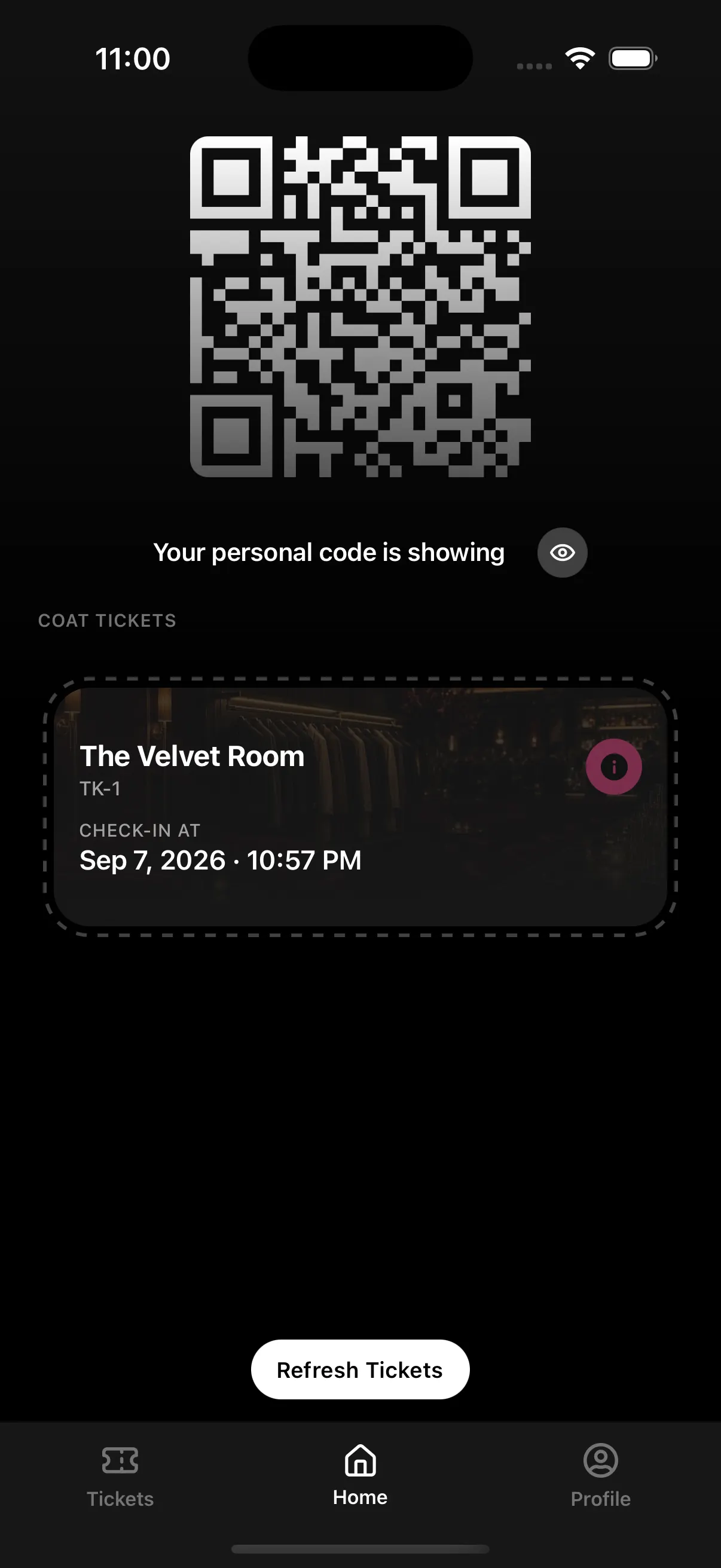 CoatCheck guest app showing a personal check-in QR