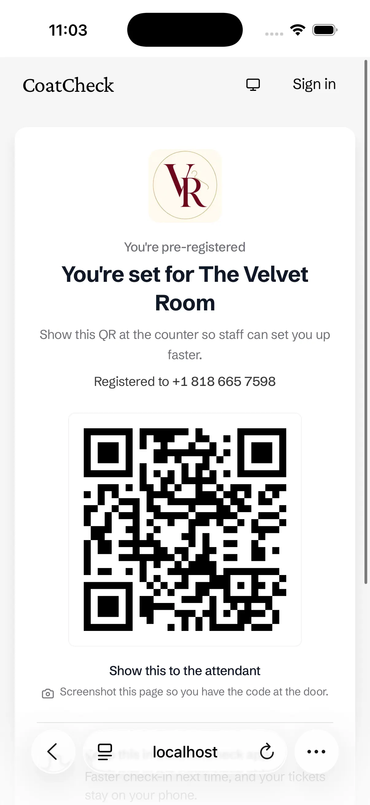 Guest pre-register page with a QR to show at the counter