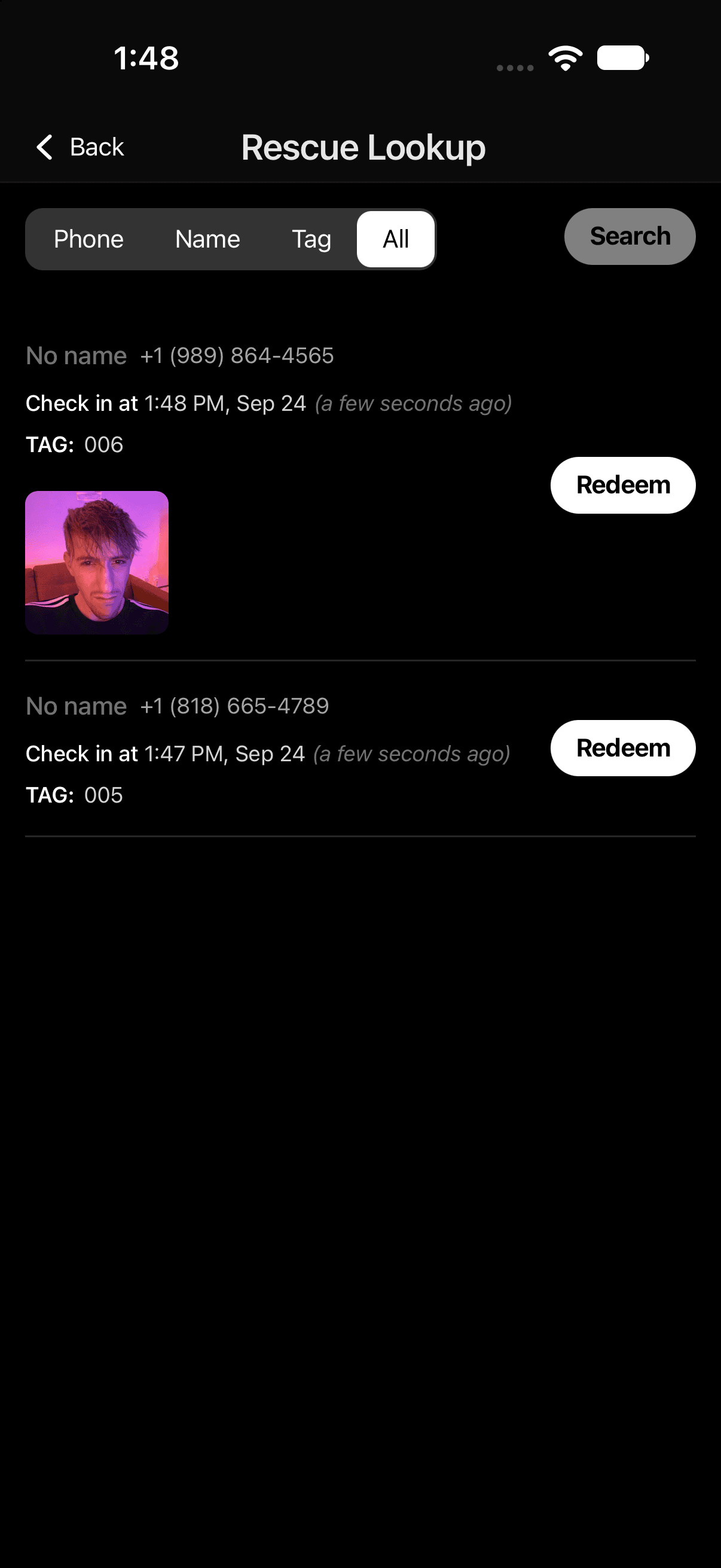 Staff app rescue lookup with tonight's open tickets, tags, and item photos
