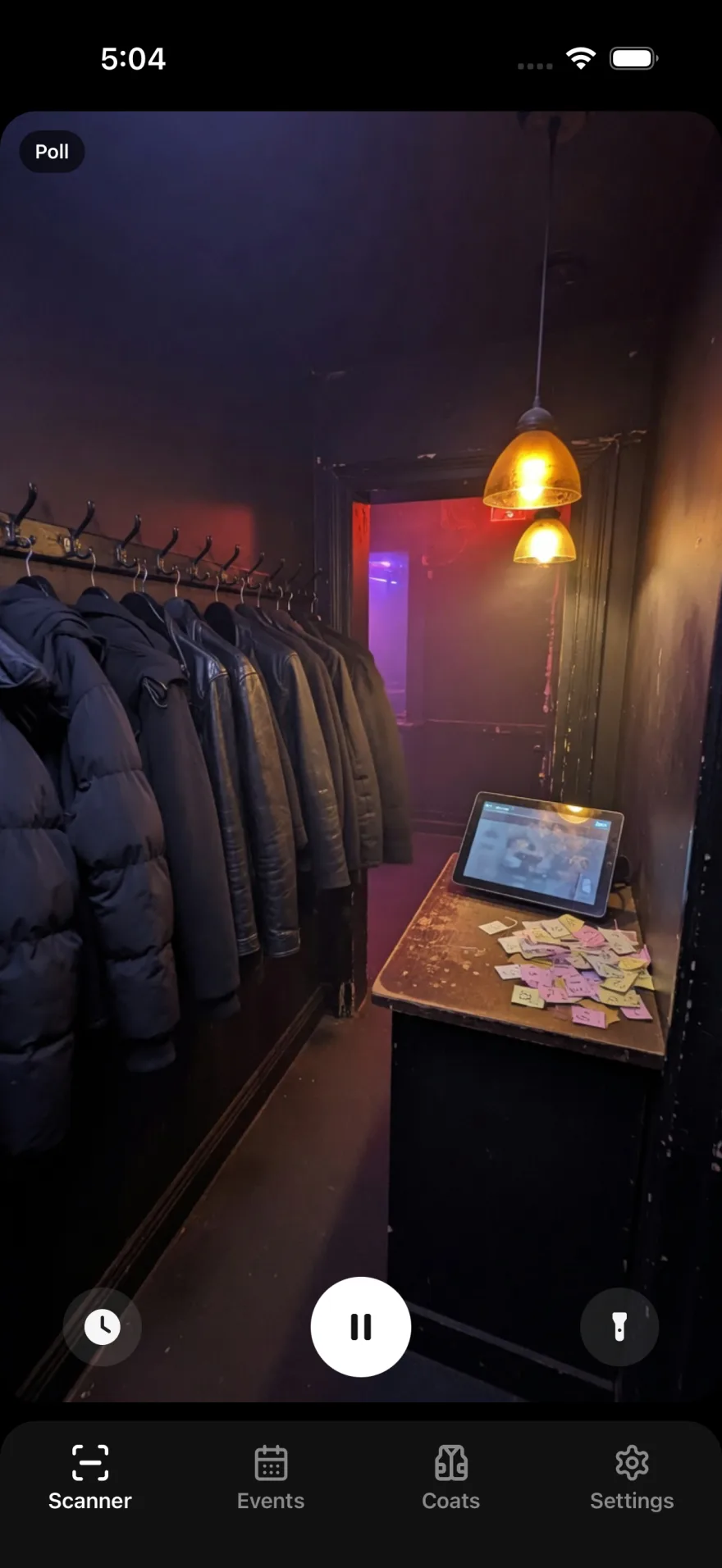 Staff app scanner showing a live cloakroom camera