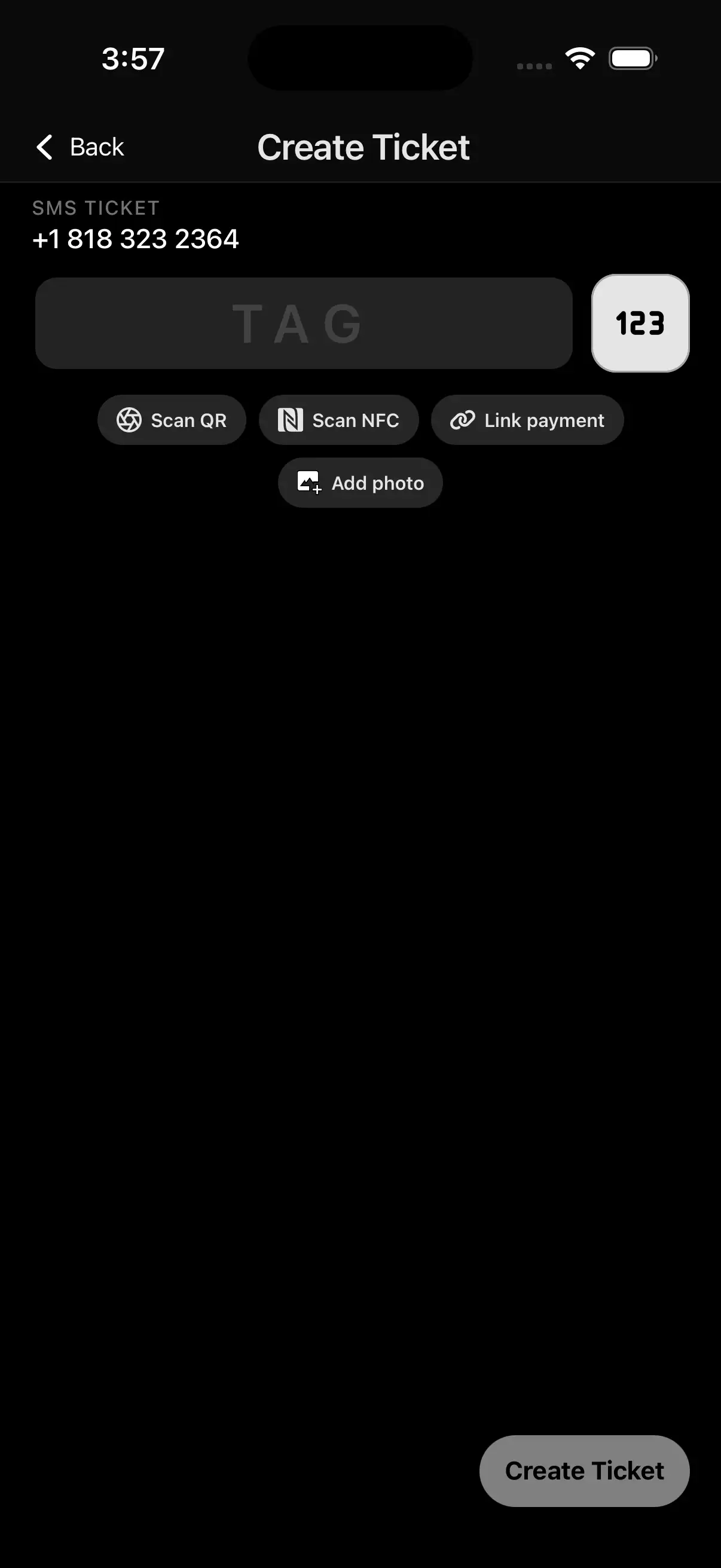 Staff app create-ticket screen with a hanger tag and NFC scan