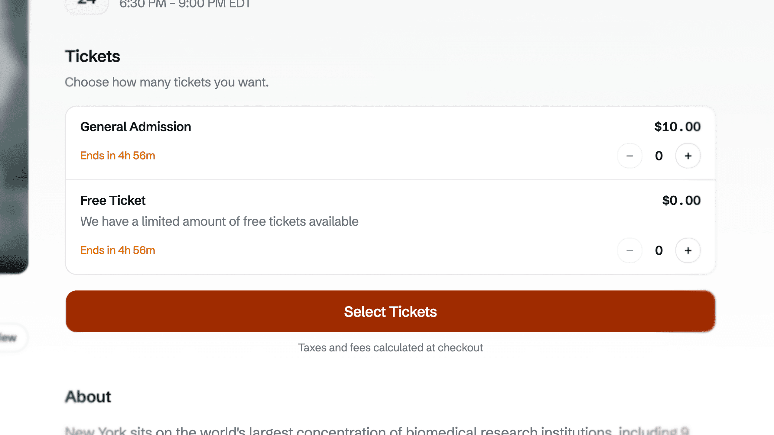 Event tickets with a paid General Admission tier and a Free Ticket tier at $0.00