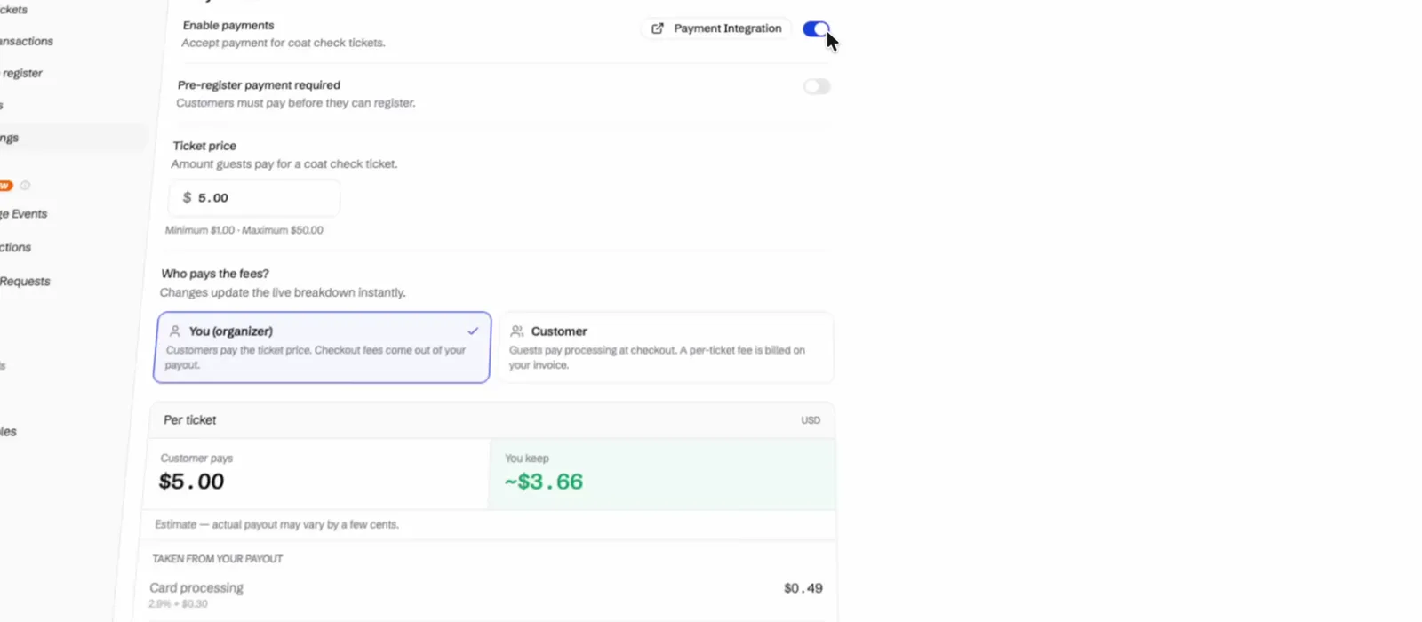 Coat check payment settings with a five dollar ticket price and fee breakdown