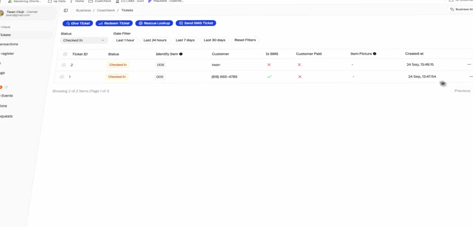 Coat check tickets list with give, redeem, rescue, and SMS actions