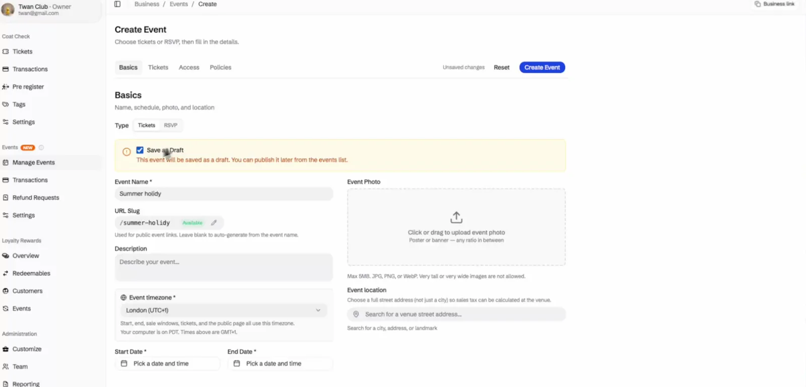 Create event form with name, slug, timezone, photo, and location