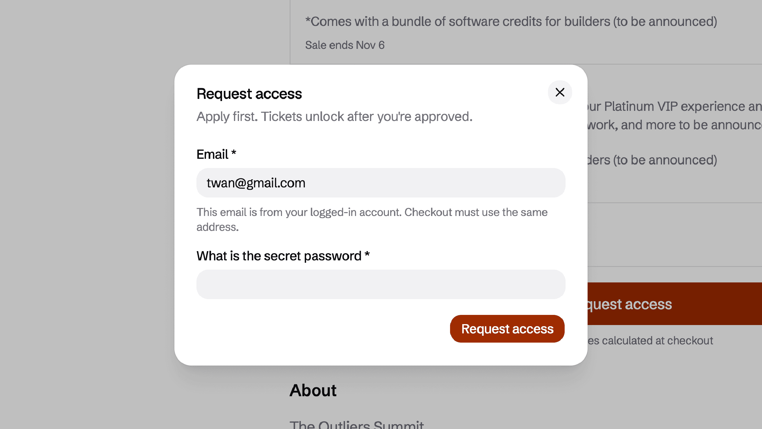 Request access dialog. Guests apply with their account email, and tickets unlock after approval.