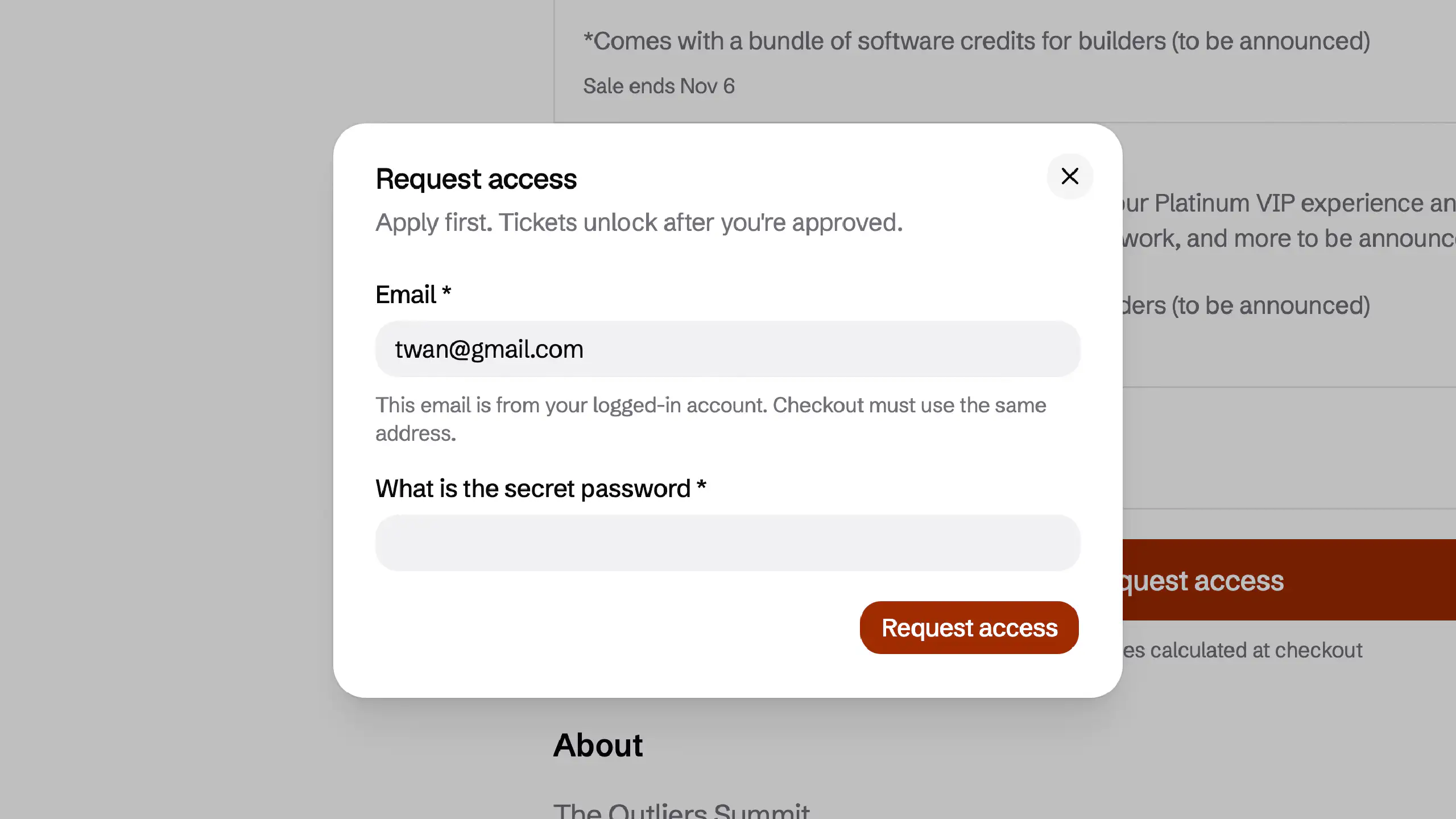 Request access form. Tickets unlock after the host approves the guest.