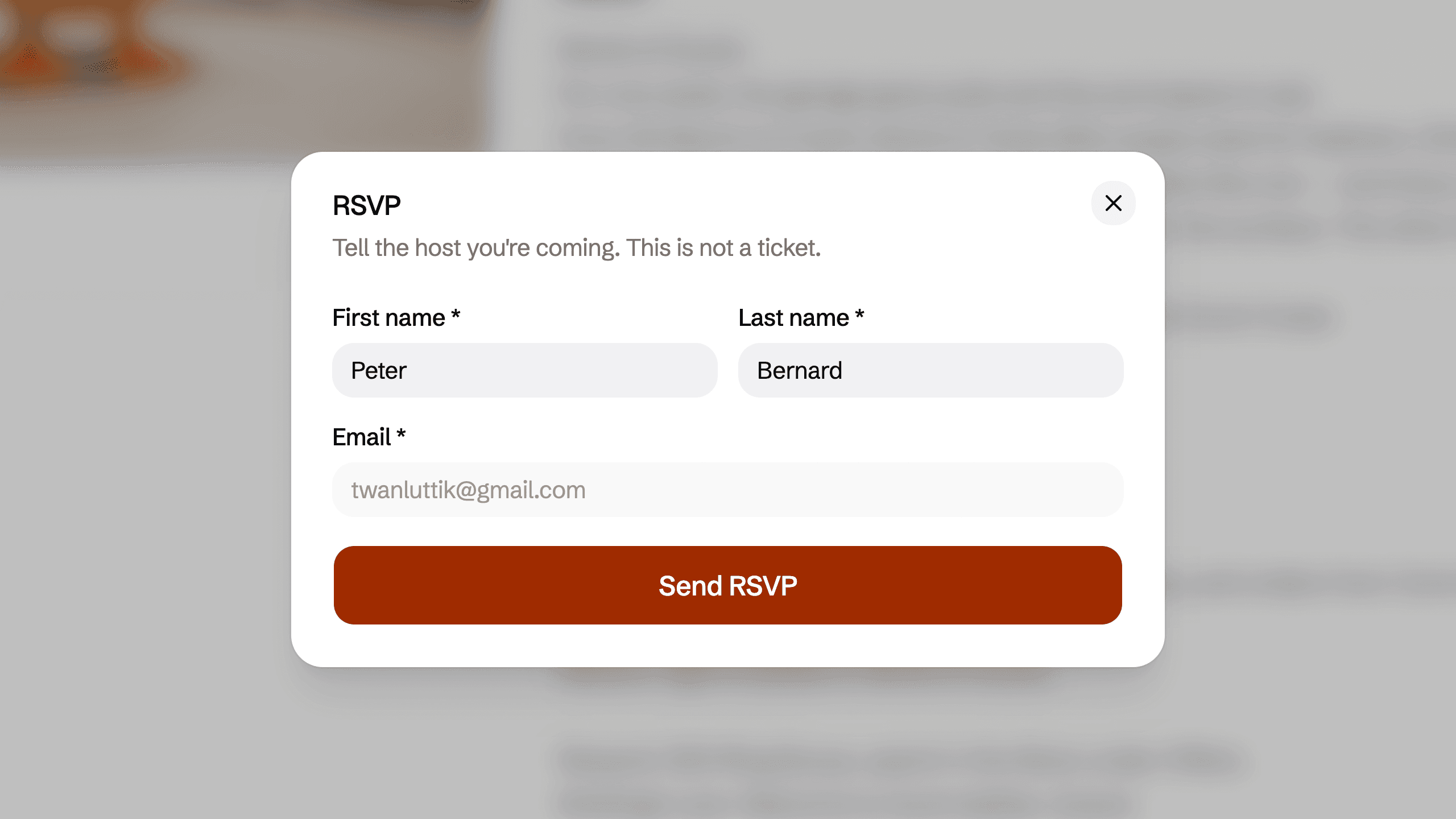RSVP dialog asking for first name, last name, and email, with a note that this is not a ticket