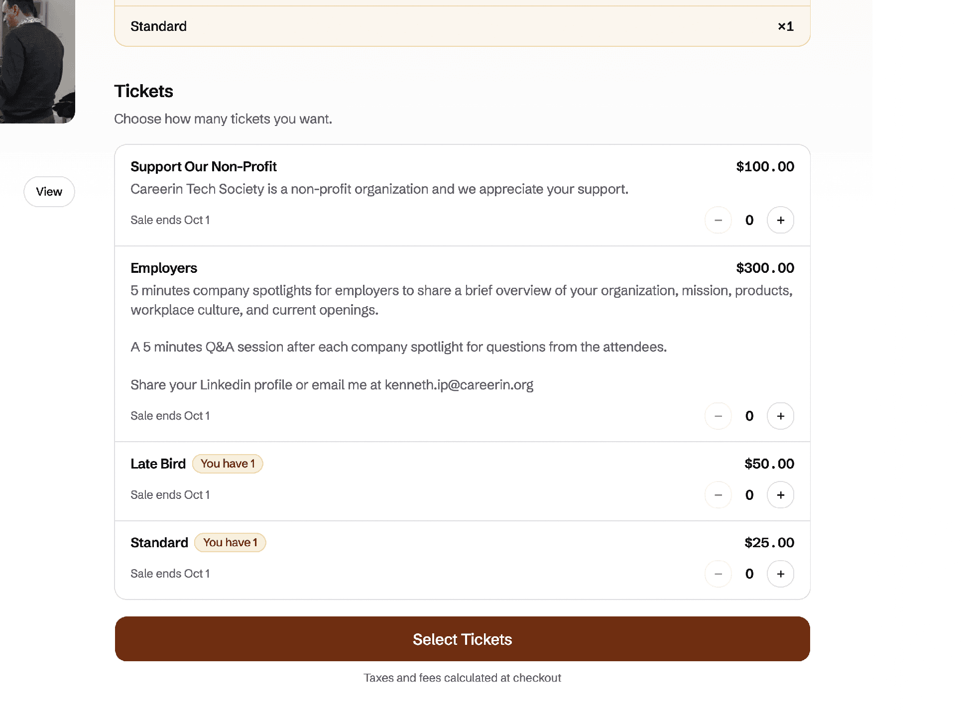 Event page listing four ticket tiers, each with a description, sale end, price, and quantity